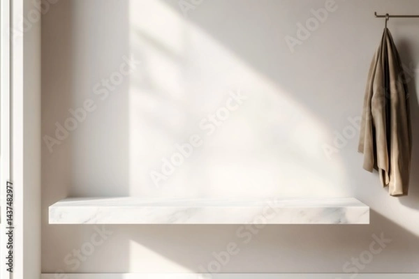 Obraz Empty marble shelf with hanging jacket illuminating by sunlight in minimalist entryway
