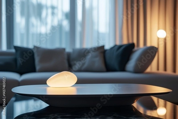 Obraz Modern design coffee table with illuminated stone lamp in living room