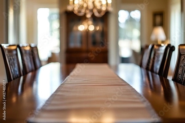 Obraz Polished wooden dining table with table runner in a classic dining room