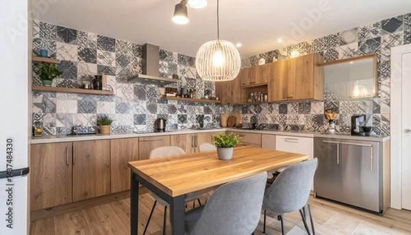 Fototapeta カフェ風タイル柄壁紙のダイニングキッチン