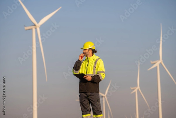 Fototapeta Engineer man working with tablet at windmill farm Generating electricity clean energy. Wind turbine farm generator by alternative green energy.