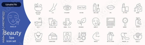 Obraz Beauty and Spa set of web icons in line style. Cosmetics services & Spa icons for web and mobile app. Spa treatments, skin care, massage, hyaluronic acid, serum, anti ageing, pore tighten, cosmetology