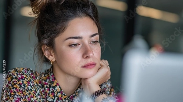 Fototapeta Focused Latin Hispanic Businesswoman Working on Laptop in Modern Office, Middle Eastern or European Woman Analyzing Finance Data Online