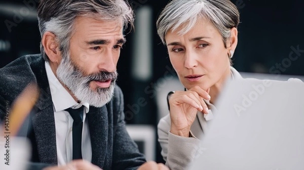 Fototapeta Mature Latin Business Man Mentoring Mid-Age European Business Woman Discussing Project on Laptop in Office. Two Colleagues, Group of Partners, Working.