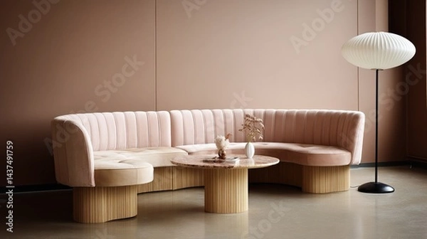 Fototapeta Minimalist Interior with Curved Sofa, Pleated Floor Lamp, and Modern Wooden Coffee Table
