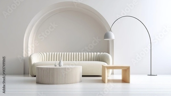 Fototapeta Minimalist Interior with Curved Sofa, Pleated Floor Lamp, and Modern Wooden Coffee Table
