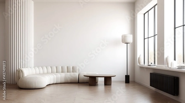 Fototapeta Minimalist Interior with Curved Sofa, Pleated Floor Lamp, and Modern Wooden Coffee Table
