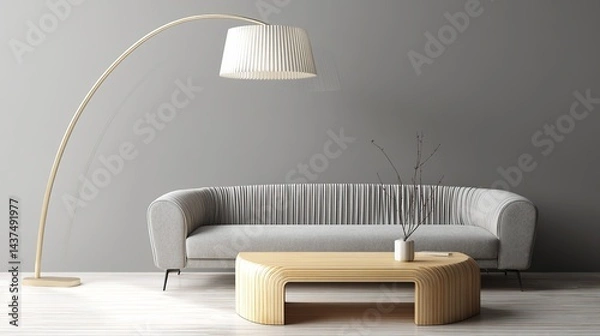 Fototapeta Minimalist Interior with Curved Sofa, Pleated Floor Lamp, and Modern Wooden Coffee Table
