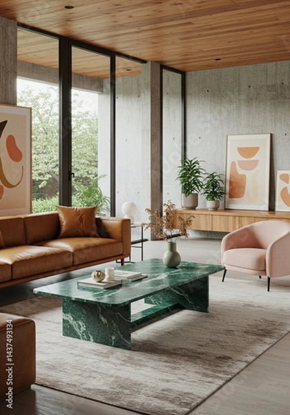 Obraz Bright Modern Loft Living Room with Green Modular Chairs and Gallery Wall