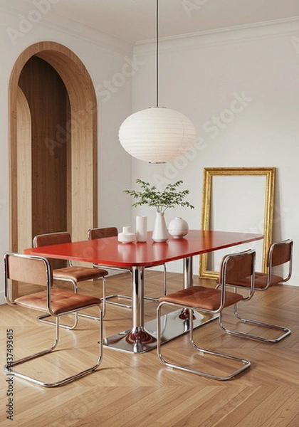 Obraz Contemporary Dining Room with Glossy Red Table and Cantilever Chairs