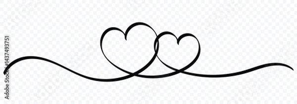 Fototapeta Heart lines. Continuous line drawing of two hearts on transparent background. One line drawing heart. Hand drawn banner for valentine's day. Vector illustrator
