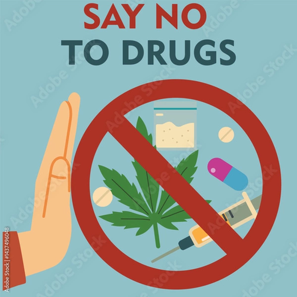 Fototapeta vector illustration, drug kills poster. In vector flat style. On background several types of drugs cocaine heroin heroin cigarette pills syringe and human skull as a sign of death.