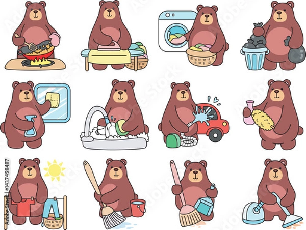 Obraz Illustration of cute bear icon.
Funny bear in daily activities elements.
