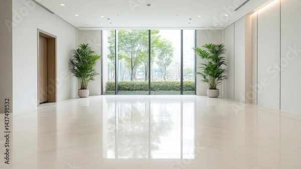 Fototapeta Empty modern minimalist interior with large windows