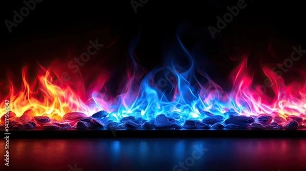 Obraz Vibrant Display of Red and Blue Flames Against a Black Background 