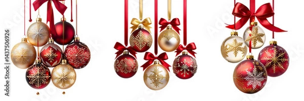 Fototapeta Colorful Christmas ornaments hanging with ribbons, adding festive cheer to the holidays.