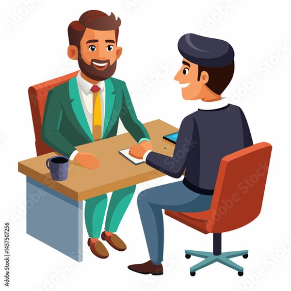Fototapeta Indian business consultant advising client in modern office workspace, corporate consultant providing advice to business client in office meeting.


