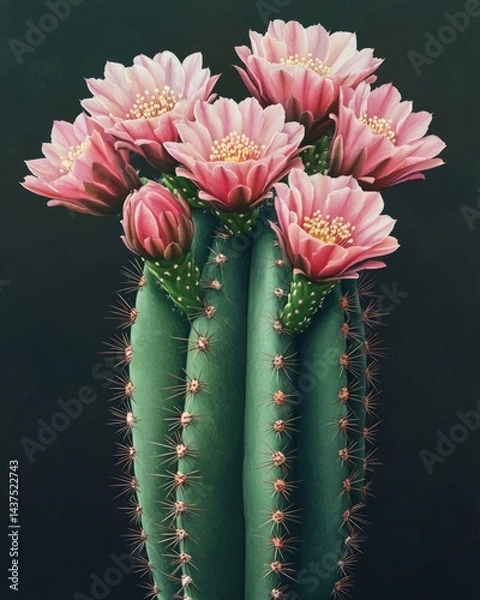 Fototapeta Pink, red cactus flowers, dark gray.