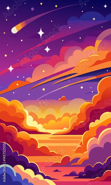 Fototapeta アニメ調の夢のような夕空。魔法のようなオレンジと紫の雲と、きらめく星々。穏やかな空のシーンを彩るファンタジーな夜空の背景。夢のような雲の形と、きらめく星のディテール。