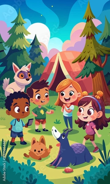 Fototapeta Niños interactuando con animales en una tienda de campaña forestal, con un conejito juguetón y un cerdo salvaje, ambientada en una animada escena de campamento de verano.