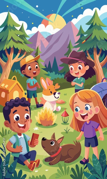 Fototapeta Niños interactuando con animales en una tienda de campaña forestal, con un conejito juguetón y un cerdo salvaje, ambientada en una animada escena de campamento de verano.