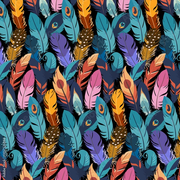 Fototapeta Colored feathers in the pattern.Vector seamless pattern with multicolored feathers on a black background.