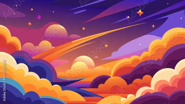 Fototapeta 星が並ぶ魔法のようなアニメ風の夜空、オレンジと紫の雲、そしてファンタジーのテーマにぴったりの気まぐれな雲の風景。