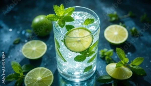 Fototapeta Refreshing citrus beverage glistens with ice and mint, embodying the essence of a cool,