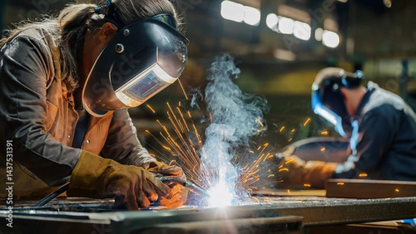 Fototapeta Two Welders Working Simultaneously with Protective Gear