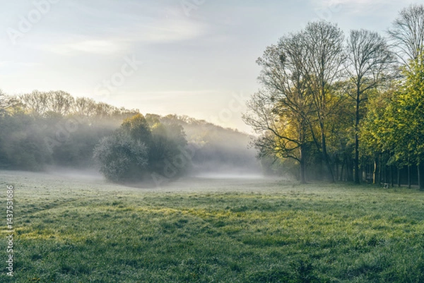Obraz Misty sunrise over a spring meadow
