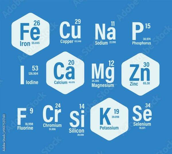 Fototapeta Microelement useful for human health. Periodic table of mendeleyev. Atomic mass, atomic number. Minerals