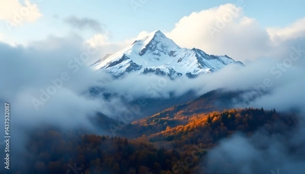 Obraz Snow Capped Mountain Peak with Cloud Inversion and Colorful Fall Forest