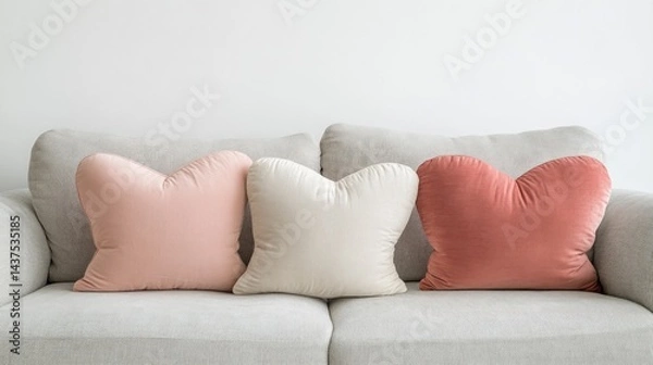 Obraz Three heart-shaped throw pillows on a light gray couch