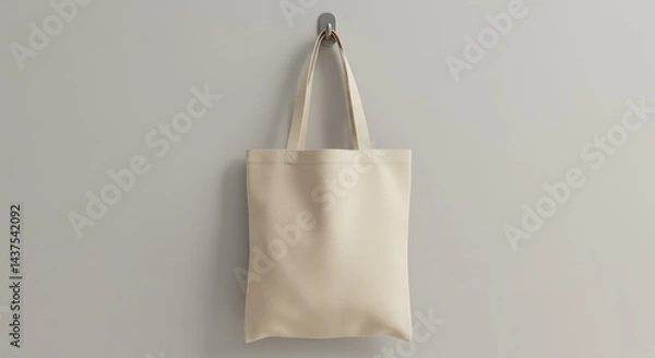 Fototapeta Photorealistic 3D render of a blank beige canvas tote bag hanging naturally from a simple hook against a plain light grey wall. Fabric shows realistic folds and texture. Clean, even lighting. 