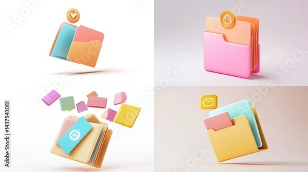 Fototapeta Colorful 3D folder icons with floating elements.