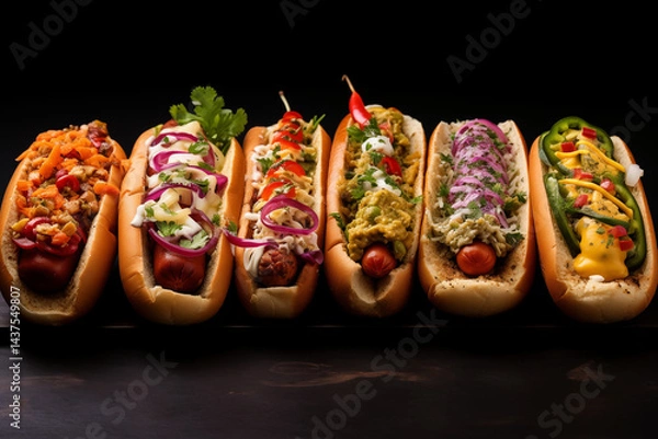 Fototapeta A variety of gourmet hot dogs with unique toppings like caramelized onions, avocado, spicy jalapeños, melted cheese, and truffle aioli, set against a dark wooden backdrop