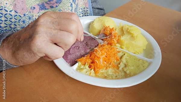 Fototapeta A plate of food in a retirement home. Two types of pureed vegetables, mashed potatoes, and grated carrots.