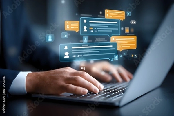 Fototapeta a businessman uses online customer data exchange and analysis with a chat bot. Artificial intelligence and CRM software technology, a customer service centre