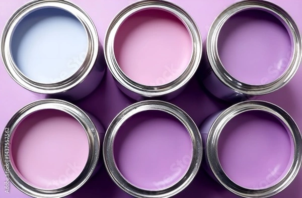 Fototapeta Top view of open cans of interior paint in different pastel shades against a pink background.