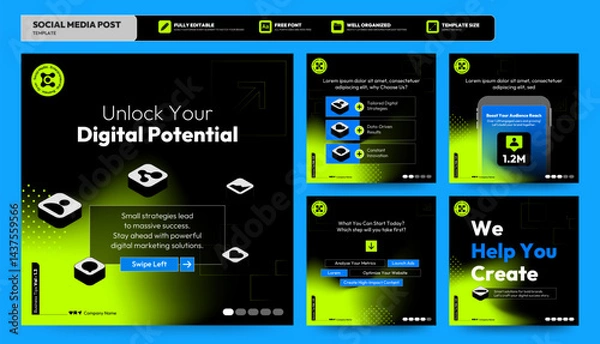 Obraz Social media. Social media template. Business Instagram and facebook square post template. Instagram tips post collection tutorial, tip, trick, quick tips, futuristic, modern, gradient.