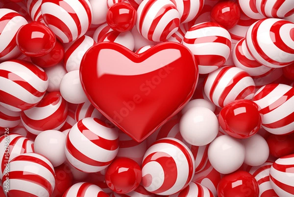 Fototapeta A vibrant 3D background featuring glossy love hearts with swirling red and white candy-cane stripes, evoking a playful and sweet atmosphere