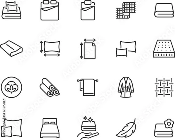 Fototapeta Vector set of linen line icons. Contains icons  pillow, blanket, bed, pillowcase, bathrobe, plaid, mattress, towel and more. Pixel perfect.