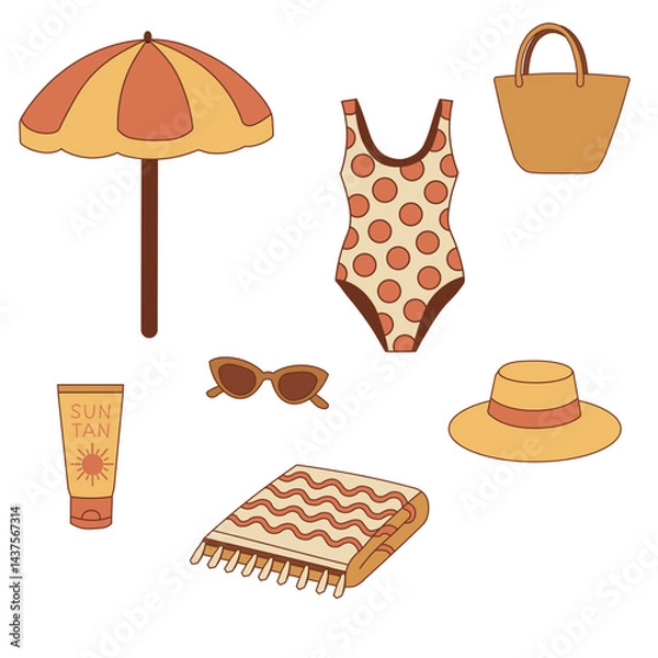 Obraz Vintage beach clipart set in warm vintage colors.Includes 7 elements: umbrella, swimsuit, beach bag, sunscreen, sunglasses, straw hat, and towel. Perfect for nostalgic summer designs