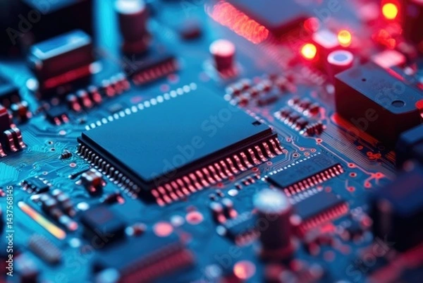 Fototapeta Close-up of a circuit board showcasing integrated circuits and electronic components.