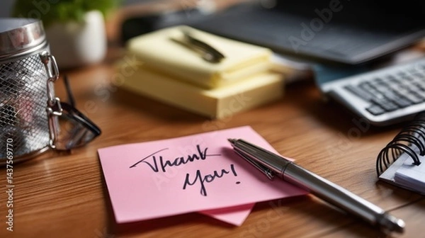 Fototapeta Creative Workspace Featuring Thank You Note on a Desk with Pen and Office Supplies in Natural Light
