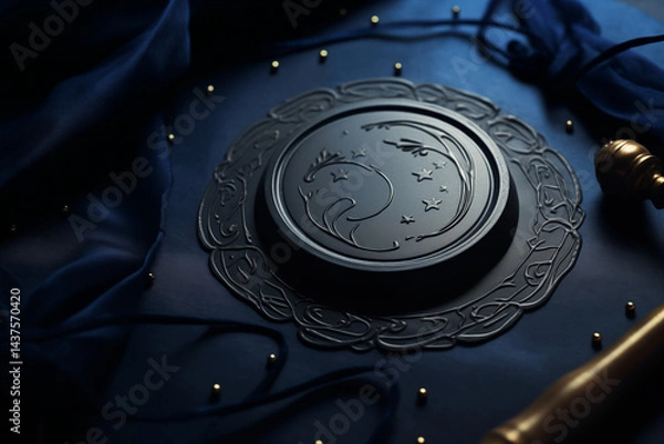 Fototapeta A deep midnight blue wax seal,  part of a mystical, moody banner design