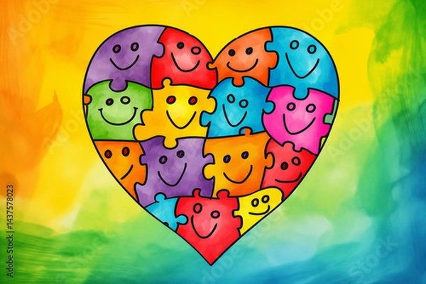 Fototapeta Hand-drawn puzzle heart crayon-style heart puzzle on pastel background, with happy faces on some pieces, Children’s Theme,  perfect for school or kids' charity campaigns.