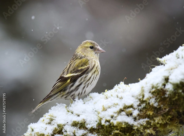Obraz Eurasian siskin (Spinus spinus) female in snowfall sitting on a branch in early spring.	
