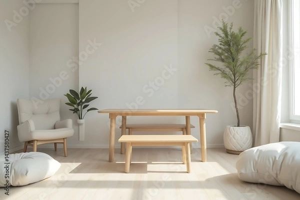 Fototapeta Minimalist Dining Area: Light Wood Table and Benches in Bright, Neutral Room.                                                                         