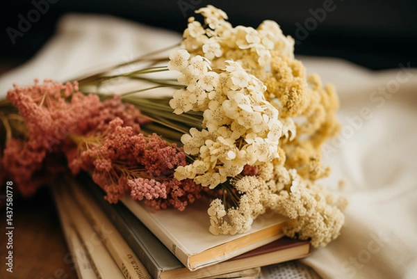 Fototapeta A gathered bouquet of Yarrow flowers in soft yellows, whites, and pinks wild and naturally styled. Herbology books and covers